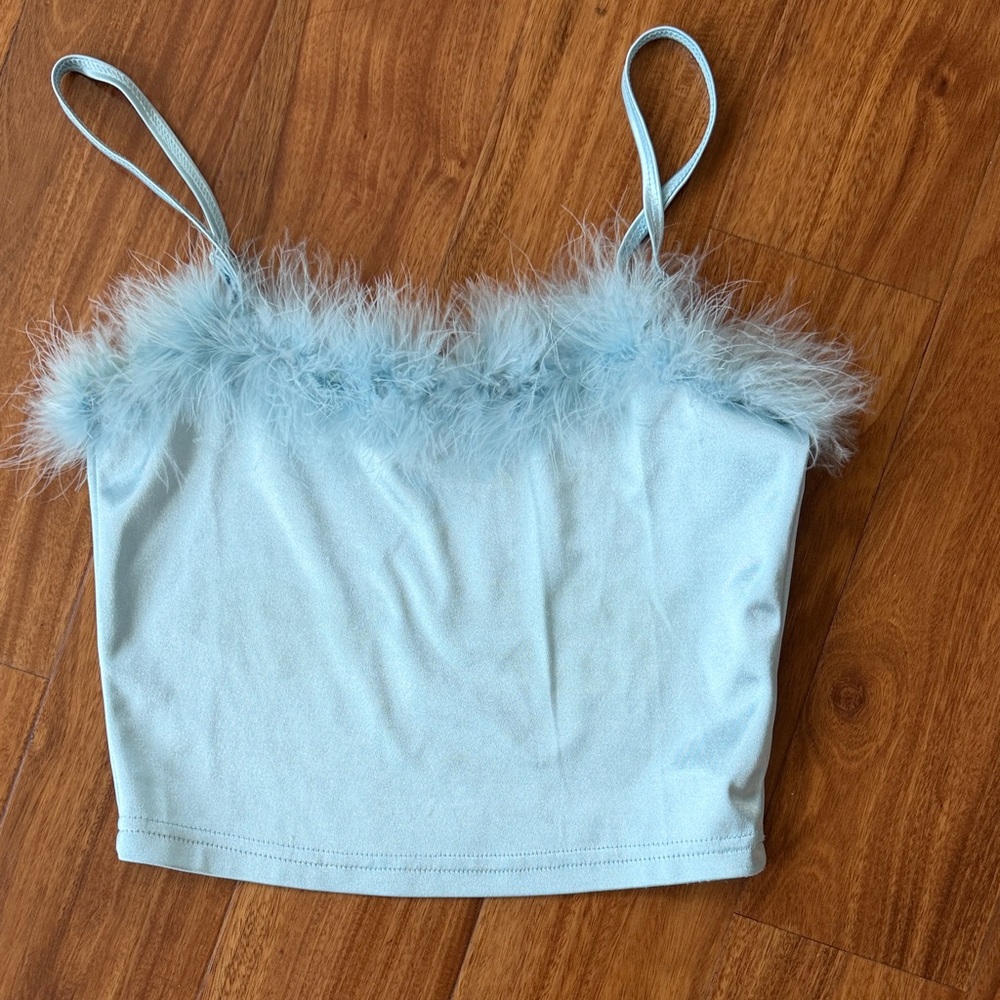 Sugar Thrillz Light Blue Feather Trim Crop Cami